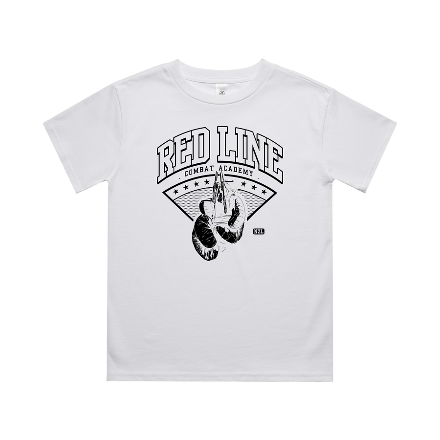 White kids' T-shirt from Red Line Combat Academy with a classic fit, front view showing the simple design.