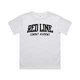 Kids white T-shirt from Red Line Combat Academy with black ringside logo on front, casual fit, front view.