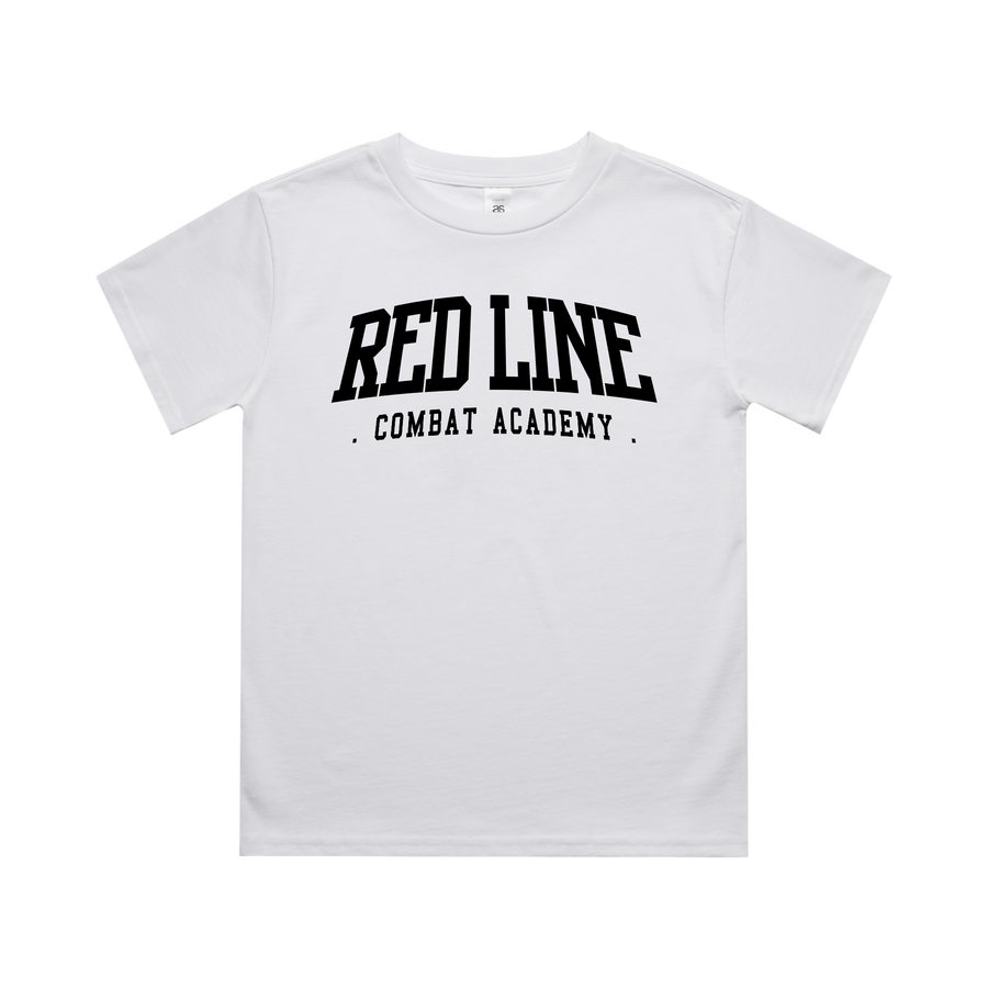 Kids white T-shirt from Red Line Combat Academy with black ringside logo on front, casual fit, front view.