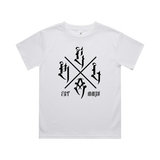 Red Line Combat Academy kids white T-shirt with black "The Cross" graphic front view, casual kids' apparel.