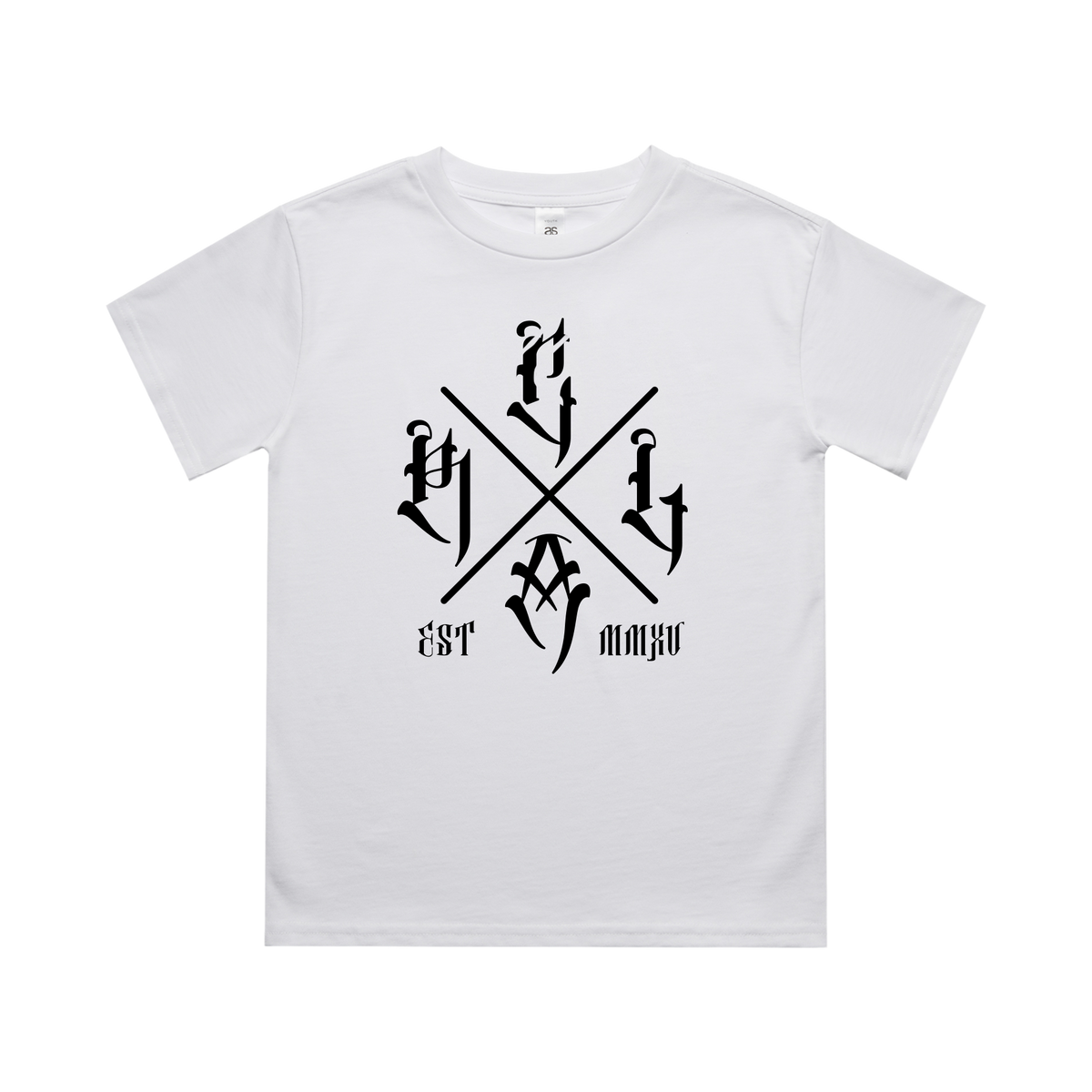 Red Line Combat Academy kids white T-shirt with black "The Cross" graphic front view, casual kids' apparel.