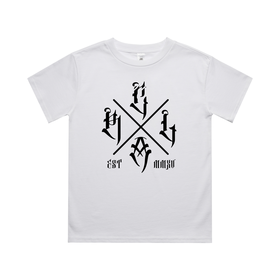 Red Line Combat Academy kids white T-shirt with black "The Cross" graphic front view, casual kids' apparel.