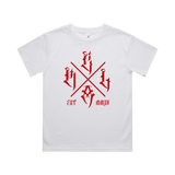 Kids white T-shirt with red cross graphic by Red Line Combat Academy, front view showing classic crew neck design.