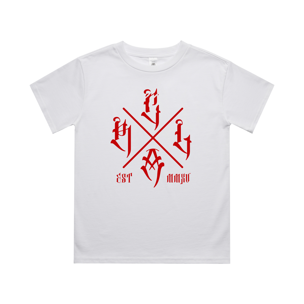 Kids white T-shirt with red cross graphic by Red Line Combat Academy, front view showing classic crew neck design.