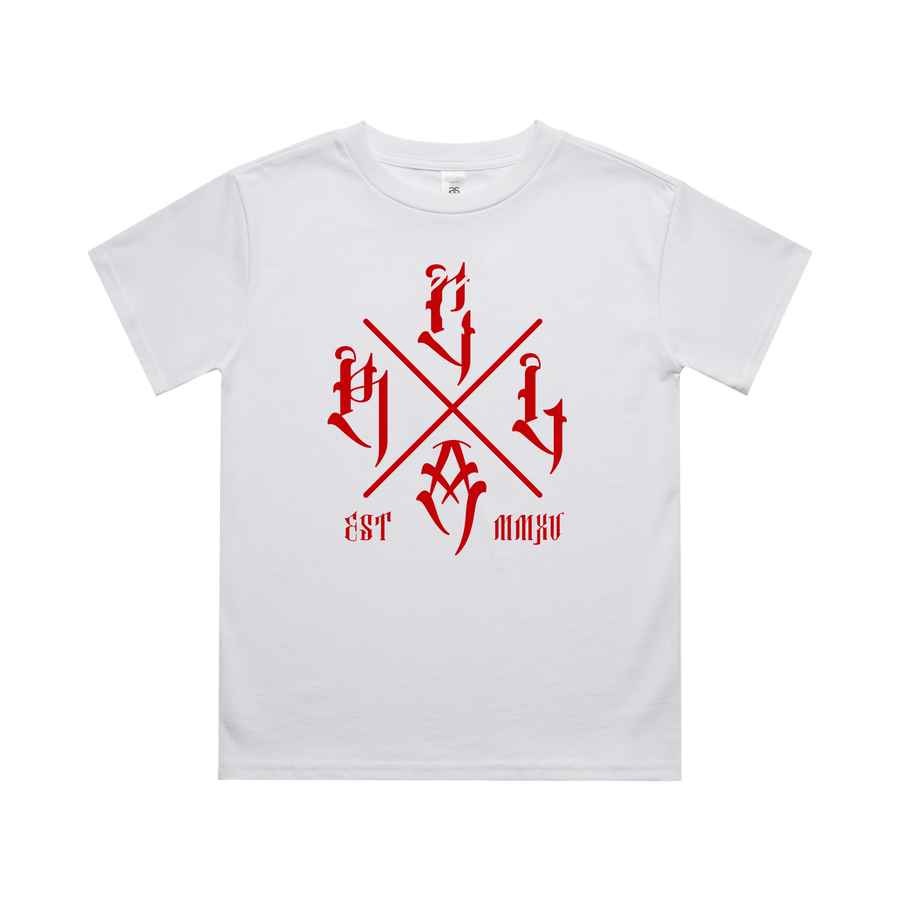 Kids white T-shirt with red cross graphic by Red Line Combat Academy, front view showing classic crew neck design.