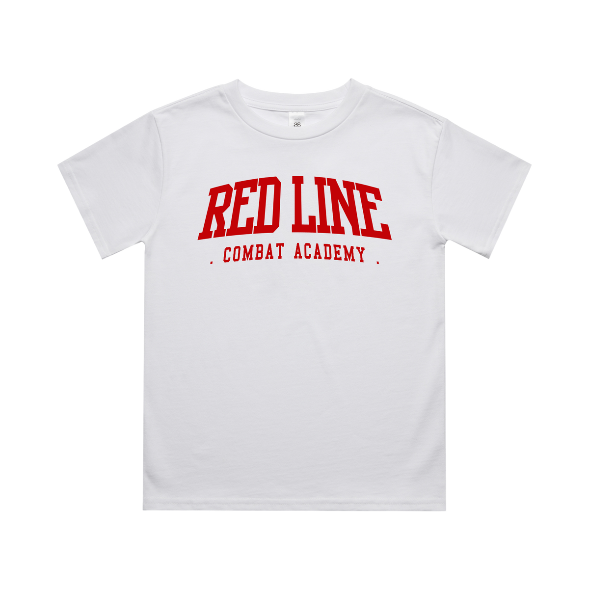 Kids White T-shirt by Red Line Combat Academy with RLCA logo front display, classic fit for kids' casual wear.