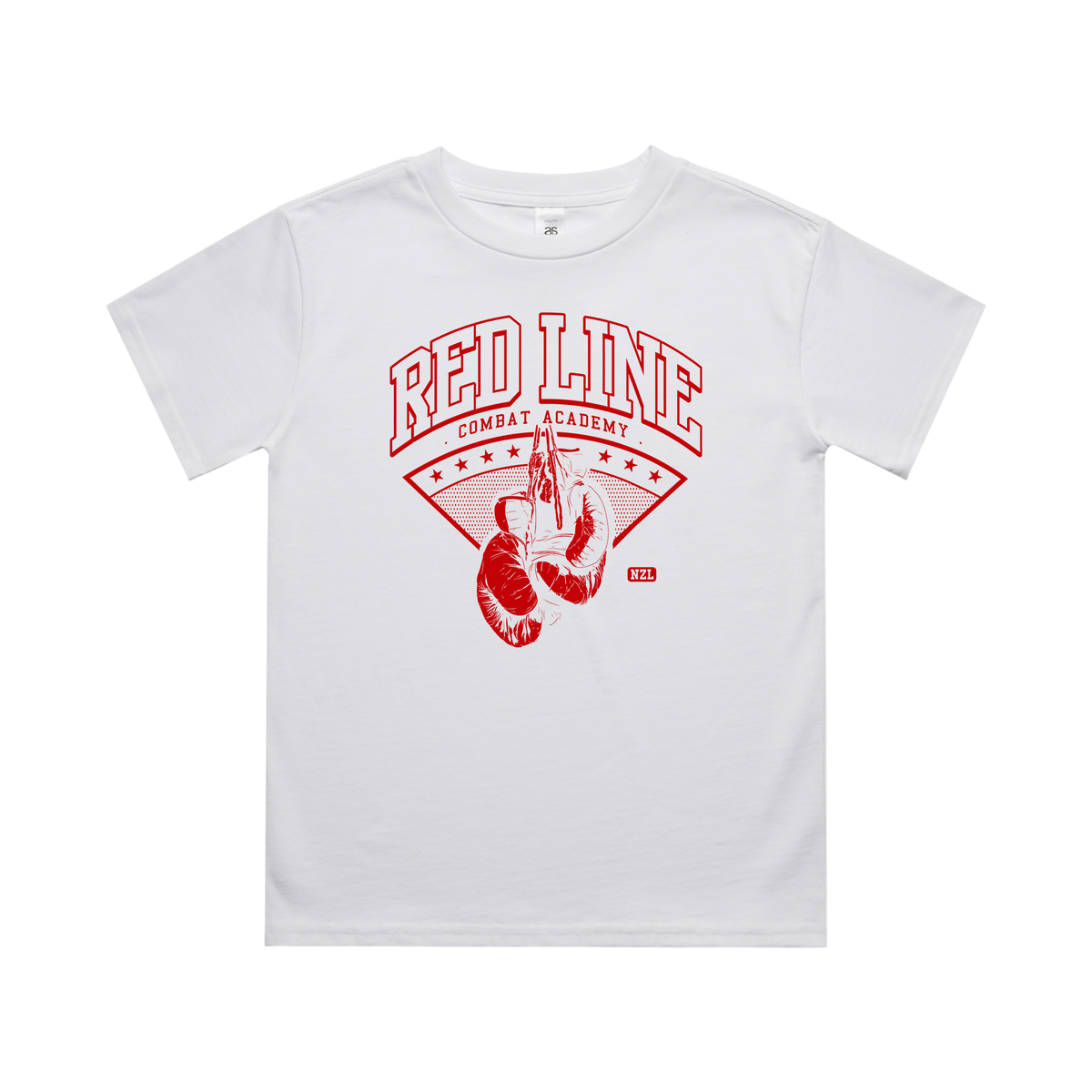 Kids White T-shirt from Red Line Combat Academy with front view, classic fit, and red accents, designed for children.