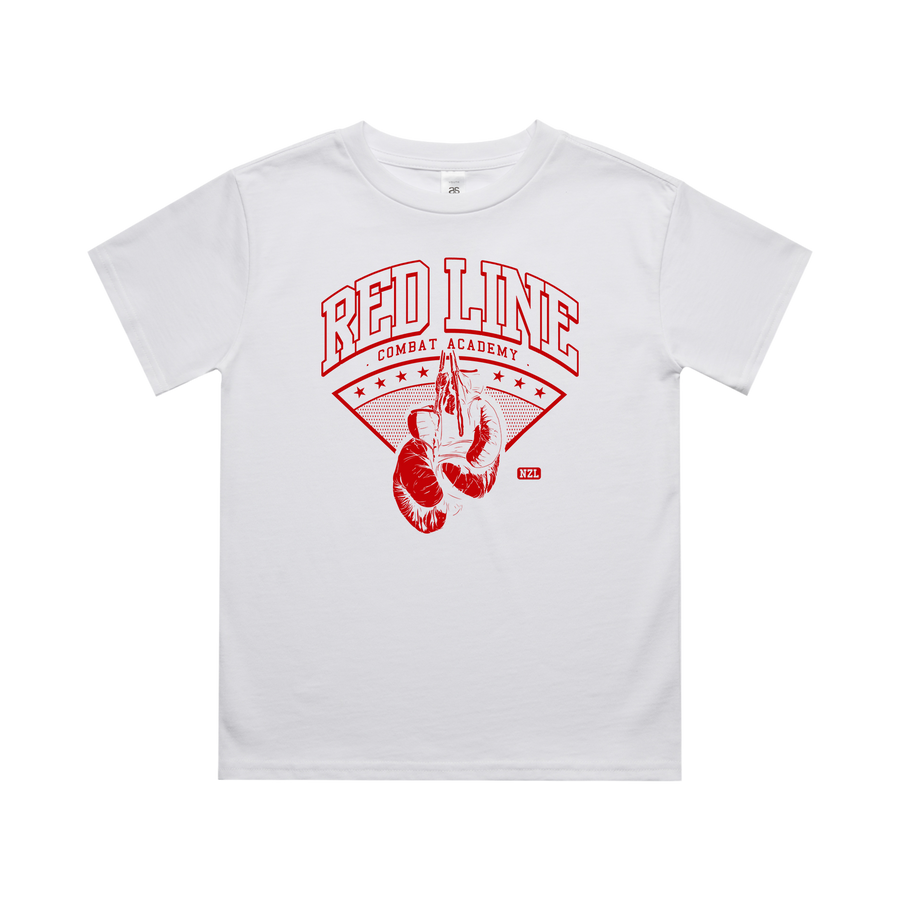 Kids White T-shirt from Red Line Combat Academy with front view, classic fit, and red accents, designed for children.