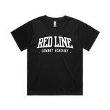Red Line Combat Academy women's black T-shirt with white Ringside logo, front view featuring a casual fit and crew neckline.