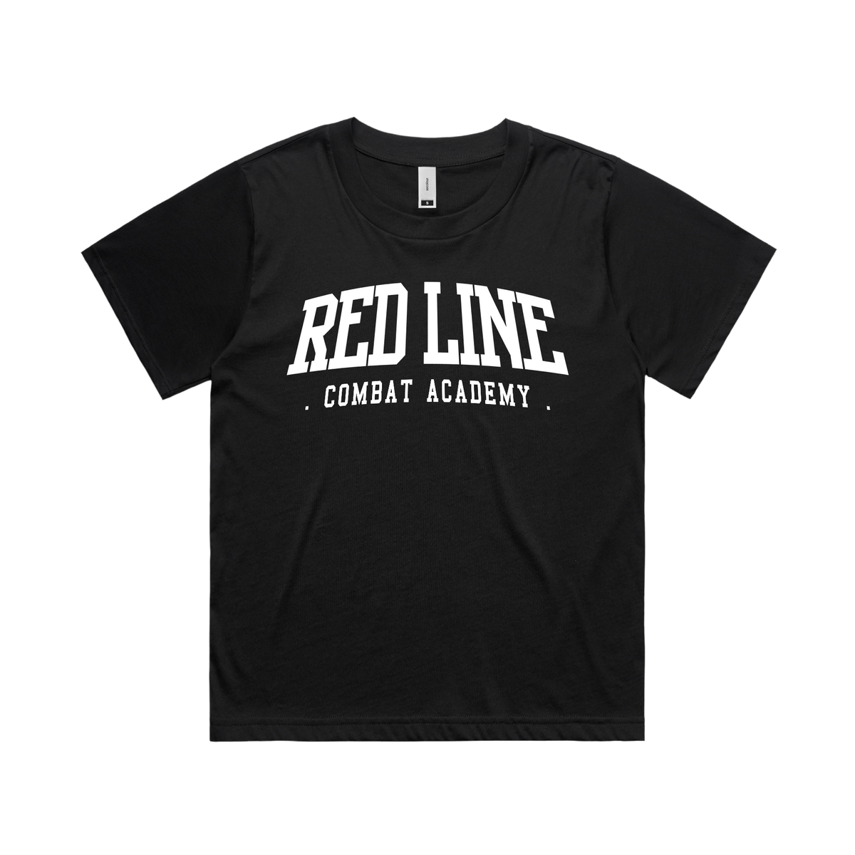 Red Line Combat Academy women's black T-shirt with white Ringside logo, front view featuring a casual fit and crew neckline.