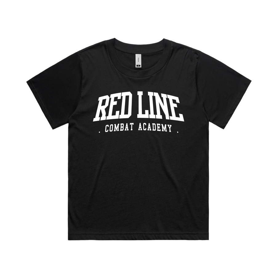 Red Line Combat Academy women's black T-shirt with white Ringside logo, front view featuring a casual fit and crew neckline.