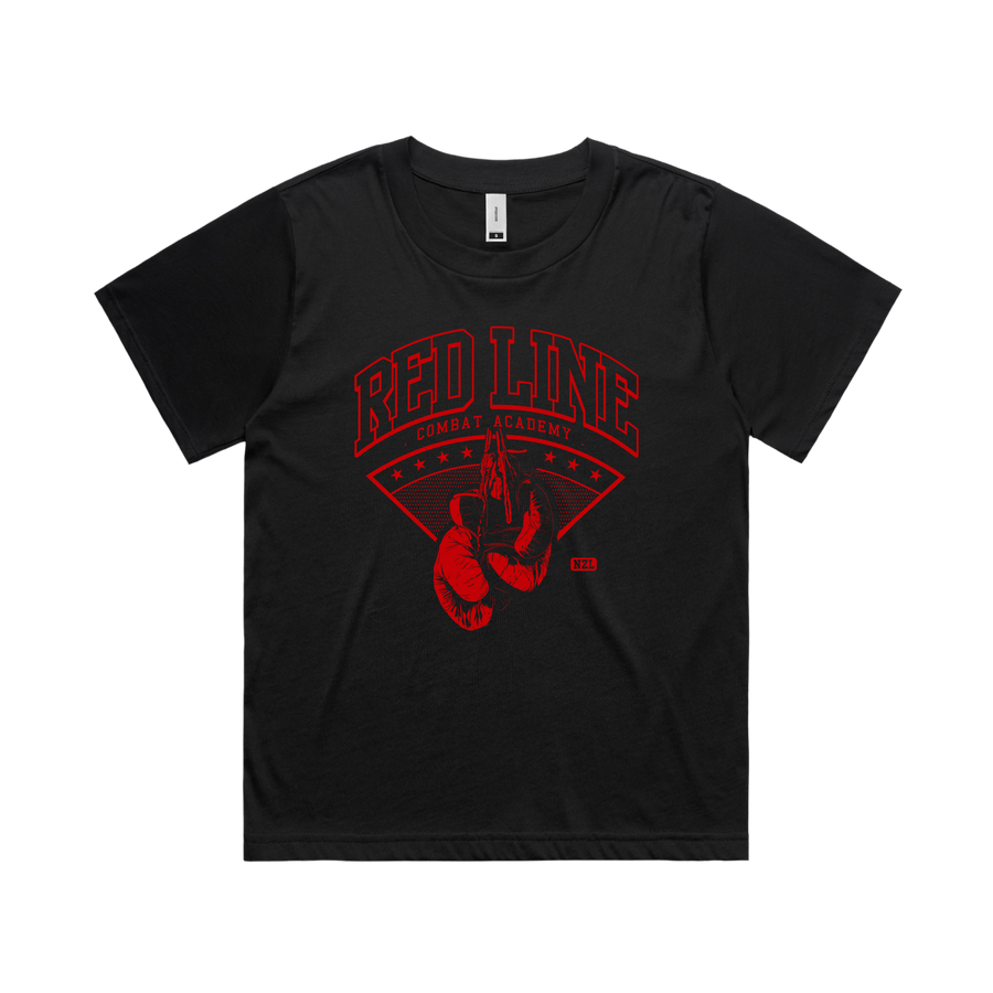 Red Line Combat Academy women's black T-shirt with red accents, front view showing fit and logo detail.