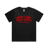 Red Line Combat Academy women's black T-shirt with red Ringside logo front view, casual fit, lightweight cotton, size medium