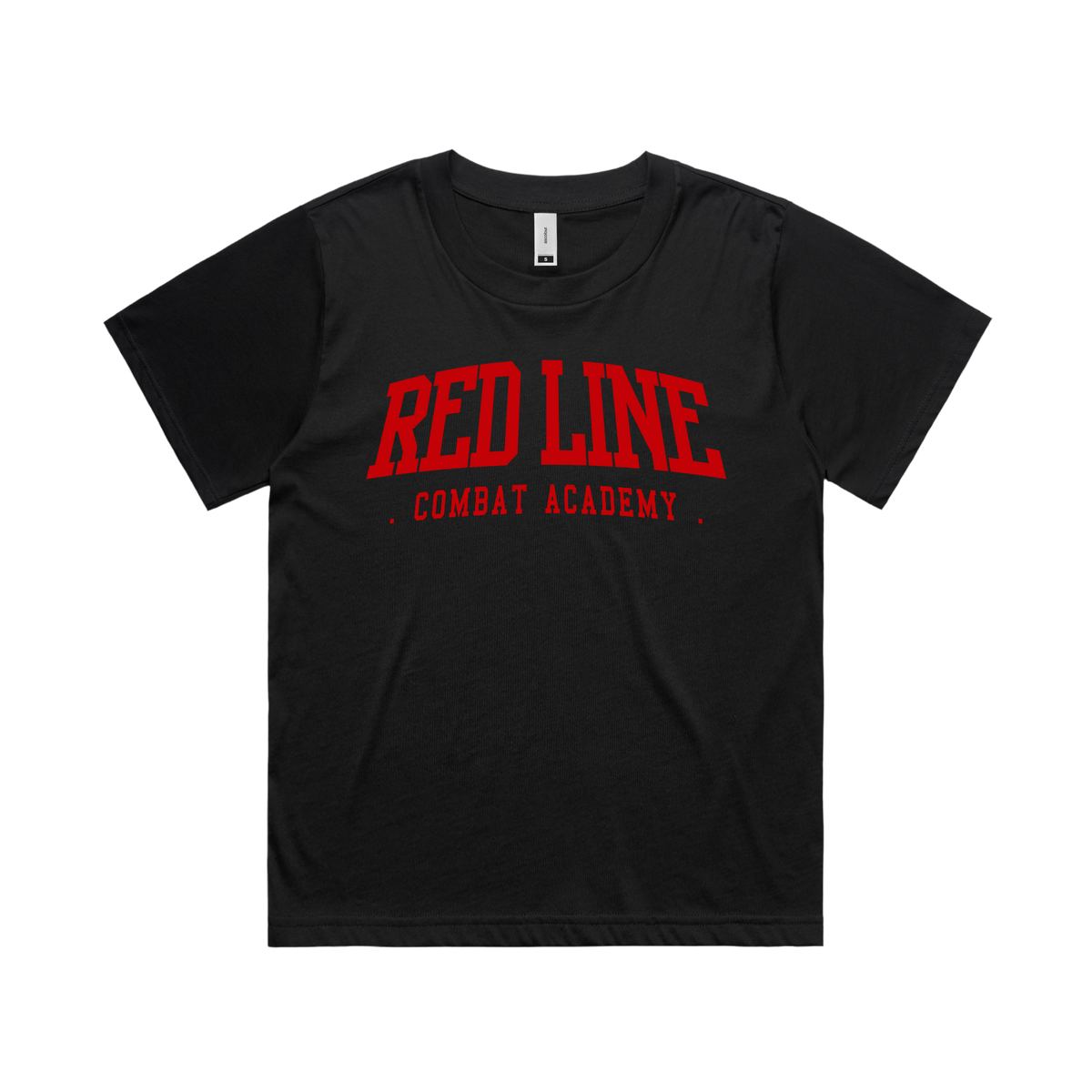 Red Line Combat Academy women's black T-shirt with red Ringside logo front view, casual fit, lightweight cotton, size medium