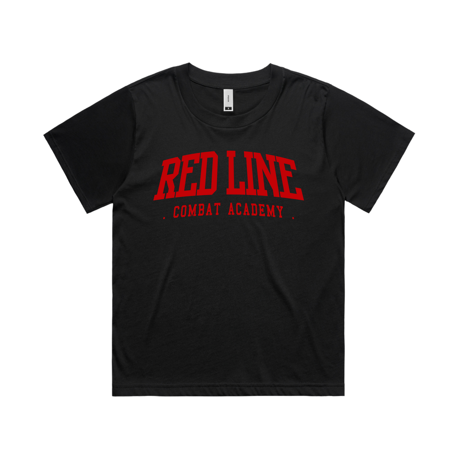 Red Line Combat Academy women's black T-shirt with red Ringside logo front view, casual fit, lightweight cotton, size medium