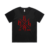 Women's black T-shirt by Red Line Combat Academy featuring a red "The Cross" design on the front.