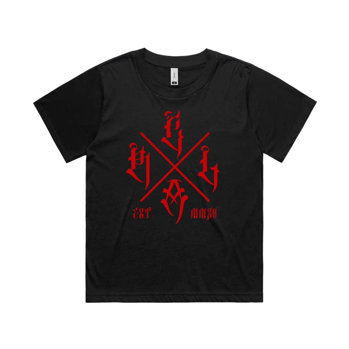 Women's black T-shirt by Red Line Combat Academy featuring a red "The Cross" design on the front.