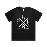 Black women's T-shirt by Red Line Combat Academy featuring a white "The Cross" graphic on the front.