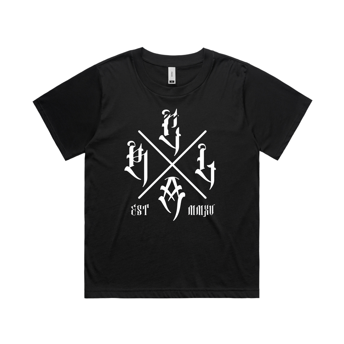 Black women's T-shirt by Red Line Combat Academy featuring a white "The Cross" graphic on the front.