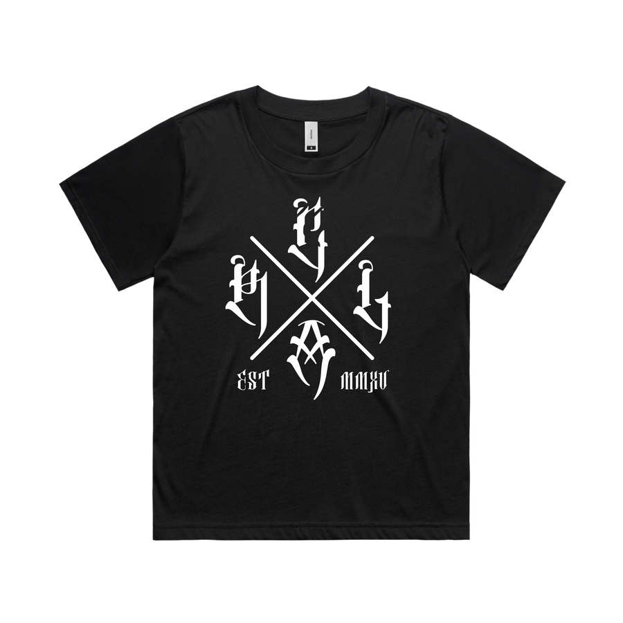 Black women's T-shirt by Red Line Combat Academy featuring a white "The Cross" graphic on the front.