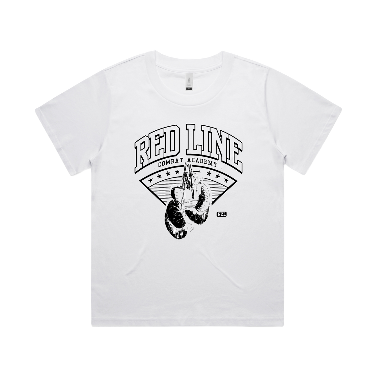 White women's T-shirt from Red Line Combat Academy featuring a classic fit and crew neckline, front view.