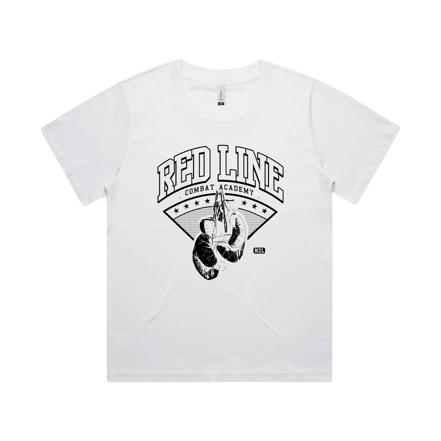 White women's T-shirt from Red Line Combat Academy featuring a classic fit and crew neckline, front view.