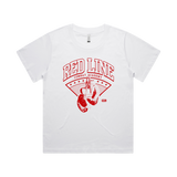 Women's white T-shirt from Red Line Combat Academy, front view featuring a simple, clean design with red accents.