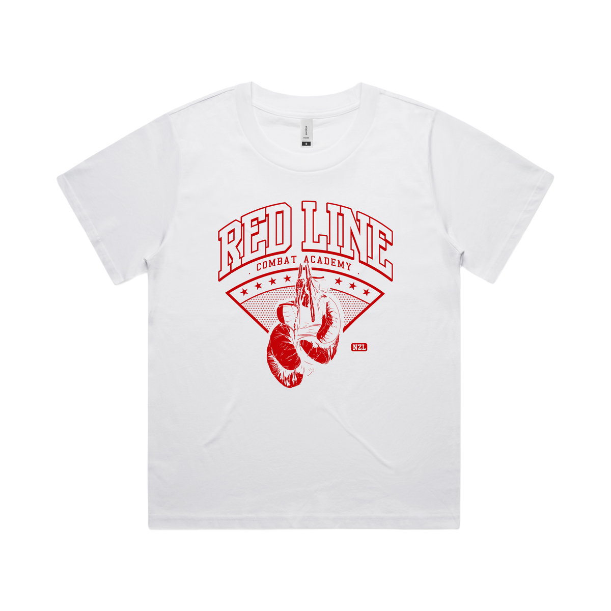 Women's white T-shirt from Red Line Combat Academy, front view featuring a simple, clean design with red accents.