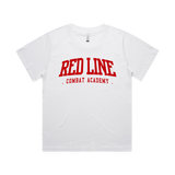 Women's white T-shirt by Red Line Combat Academy with ringside logo, front view, soft cotton fabric, casual fit.