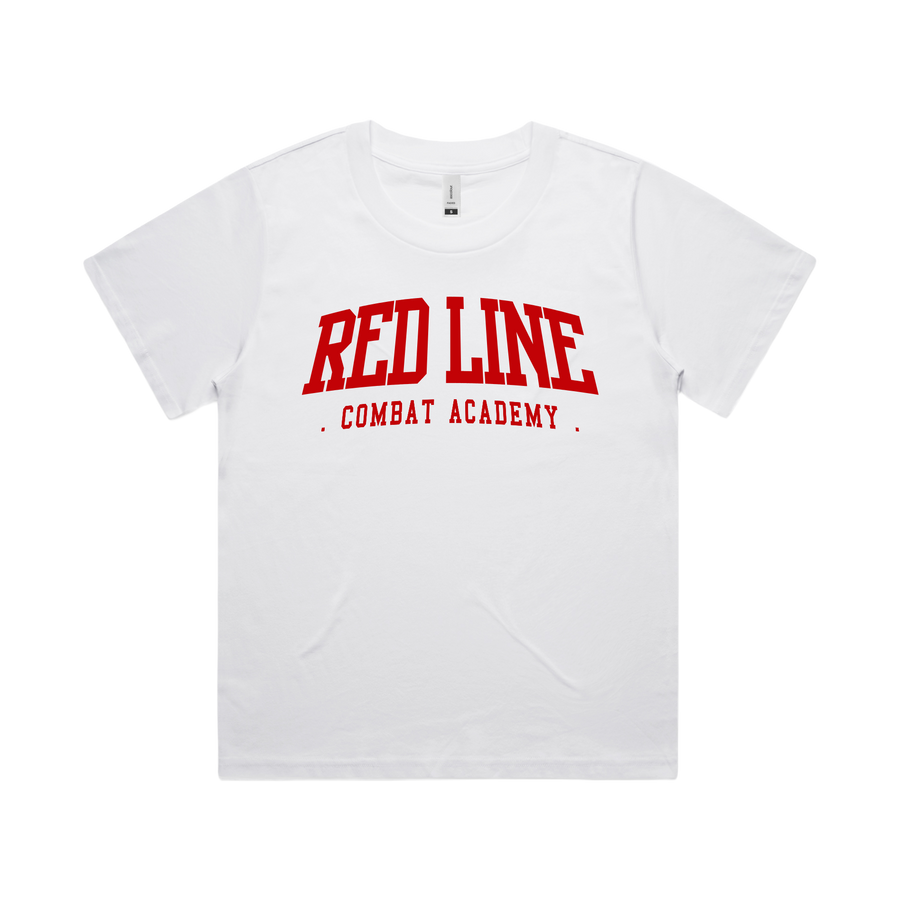 Women's white T-shirt by Red Line Combat Academy with ringside logo, front view, soft cotton fabric, casual fit.