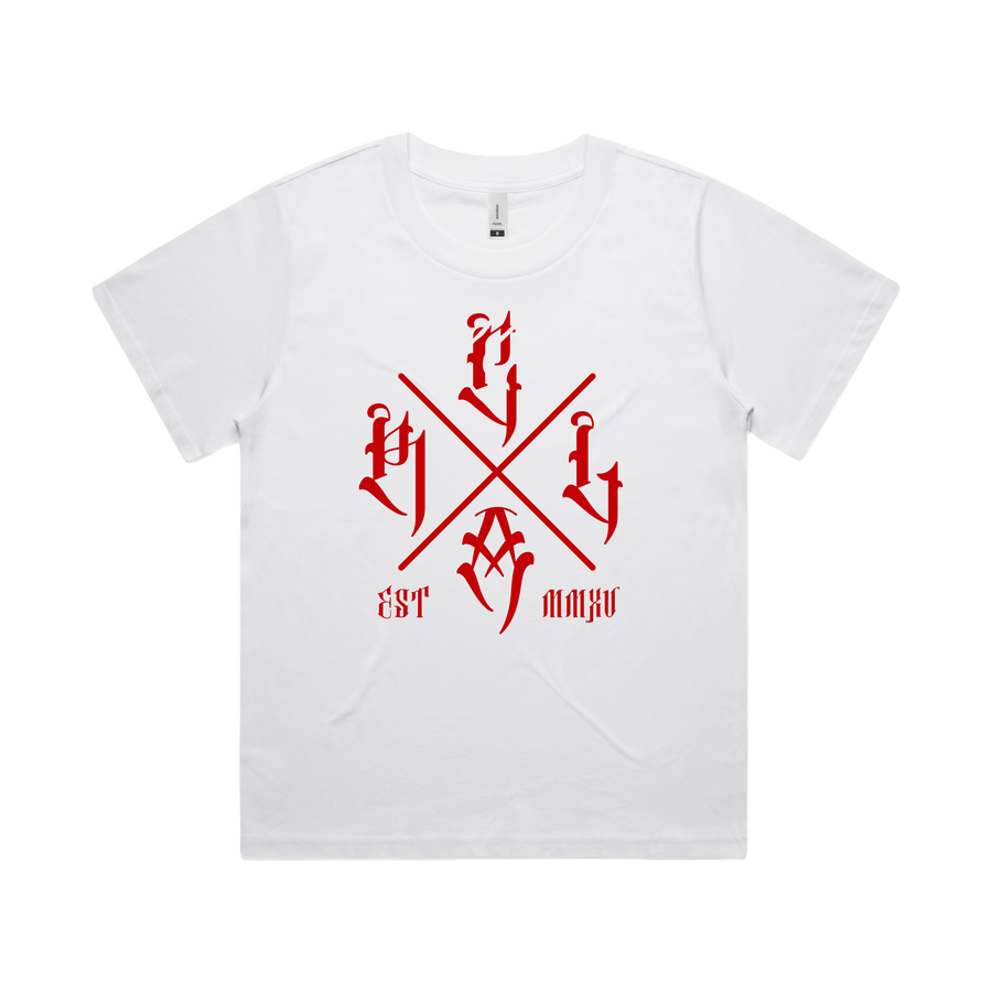 Women's white T-shirt with red "The Cross" logo from Red Line Combat Academy, front view showing casual fit and graphic design.