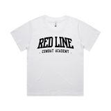 Red Line Combat Academy women's white T-shirt featuring a front logo design, casual fit, and short sleeves.