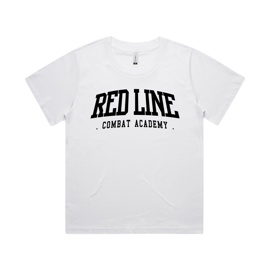 Red Line Combat Academy women's white T-shirt featuring a front logo design, casual fit, and short sleeves.