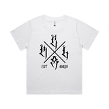 Women's white T-shirt with black "The Cross" graphic by Red Line Combat Academy, front view showing fit and design.