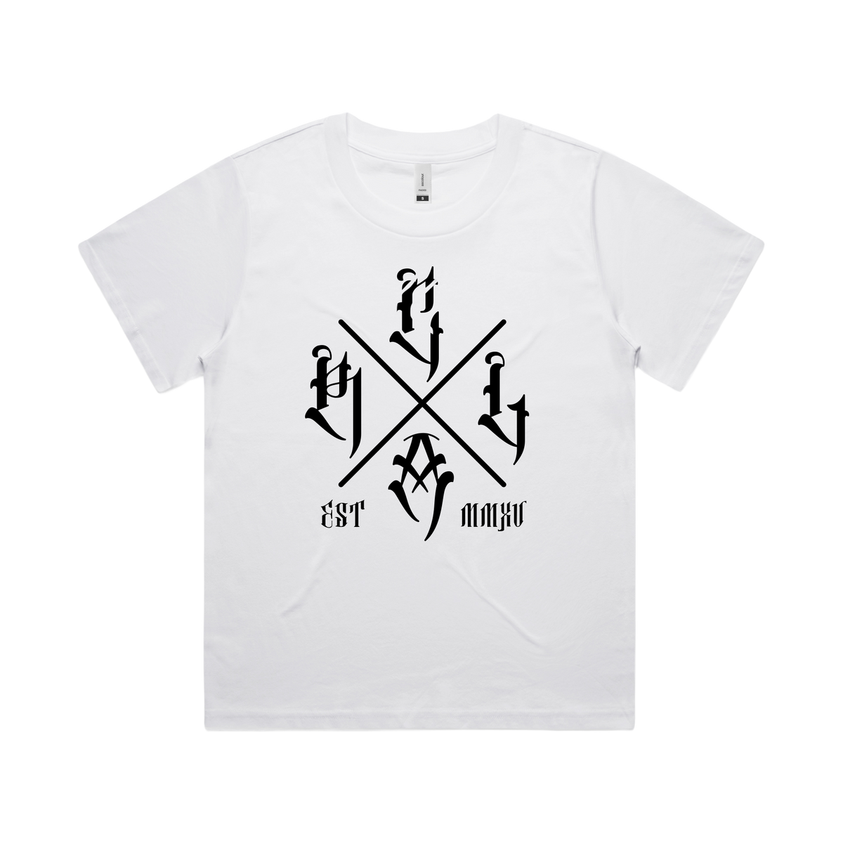 Women's white T-shirt with black "The Cross" graphic by Red Line Combat Academy, front view showing fit and design.