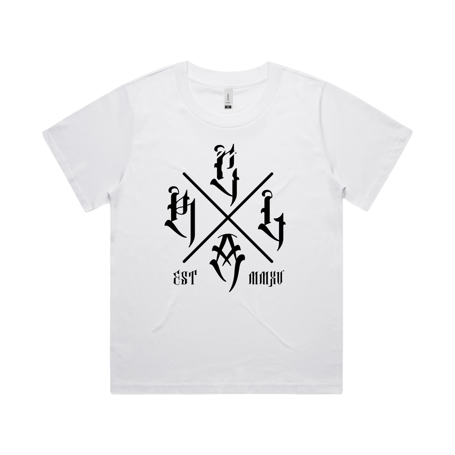Women's white T-shirt with black "The Cross" graphic by Red Line Combat Academy, front view showing fit and design.
