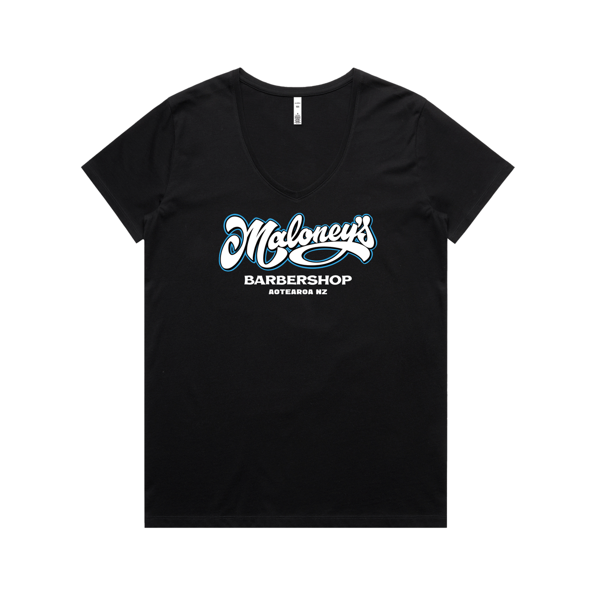 Maloney's Barber - Otis Frizzell - Women's Black Tee - Blue Logo