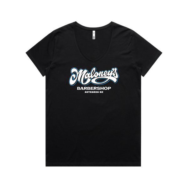 Maloney's Barber - Otis Frizzell - Women's Black Tee - Blue Logo