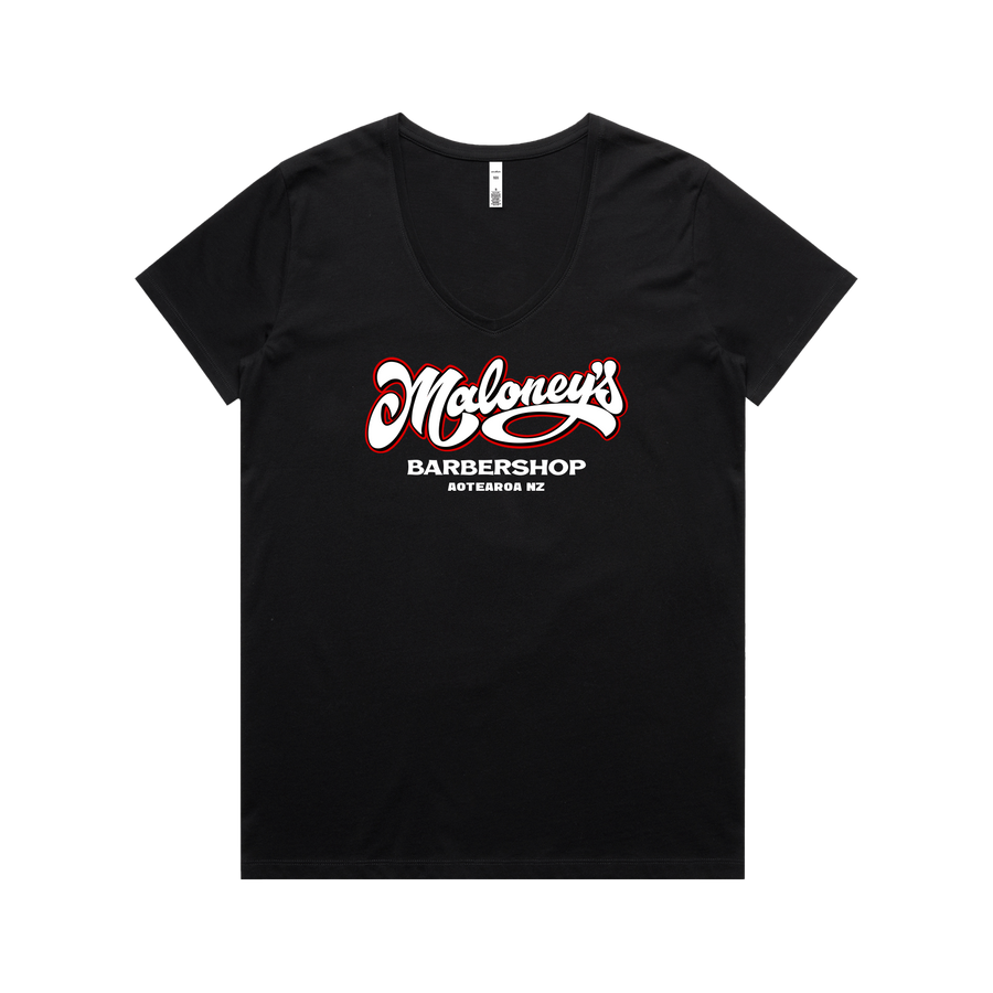 Maloney's Barber - Otis Frizzell - Women's Black Tee - Red Logo