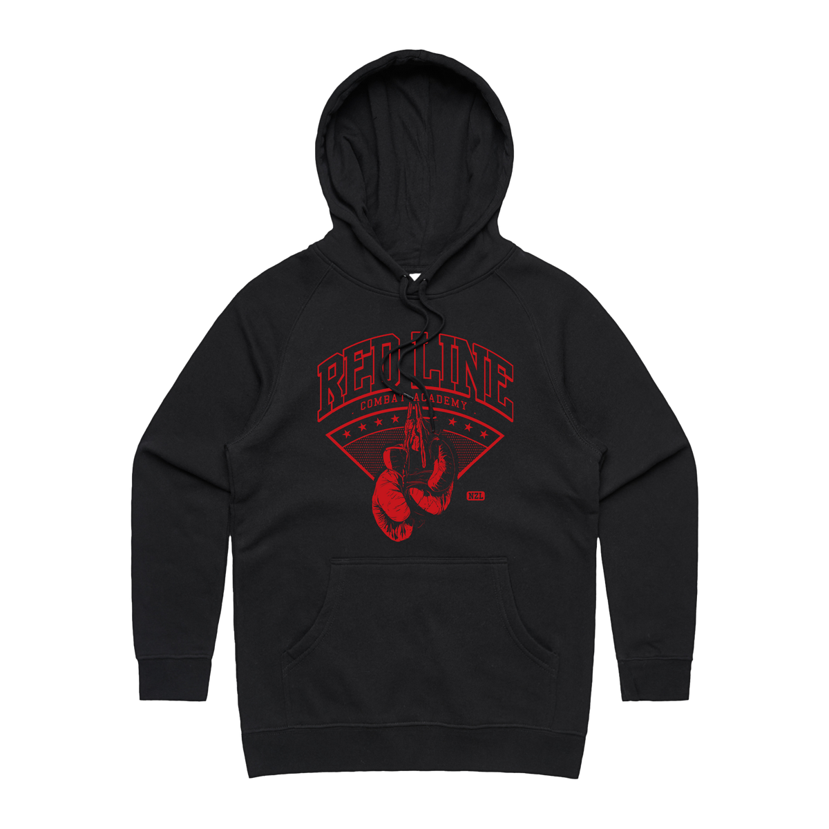 Women's black hoodie from Red Line Combat Academy with a red logo on the front, casual fit and comfortable fabric.