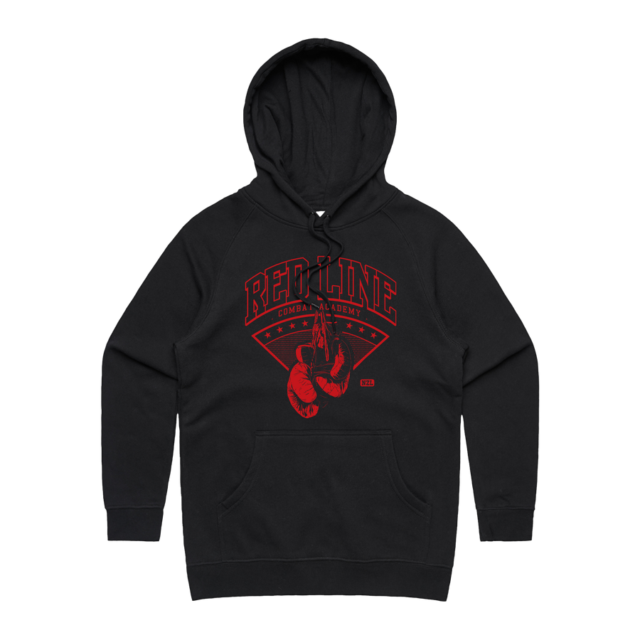 Women's black hoodie from Red Line Combat Academy with a red logo on the front, casual fit and comfortable fabric.