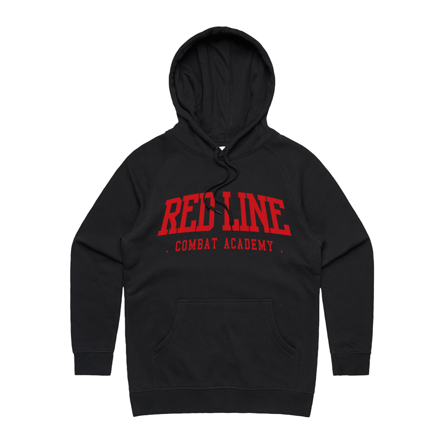 Women's black hoodie by Red Line Combat Academy with red logo front, casual athletic style, comfortable fit.