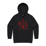 Women's black hoodie by Red Line Combat Academy with a red logo on the front, casual fit, and long sleeves.
