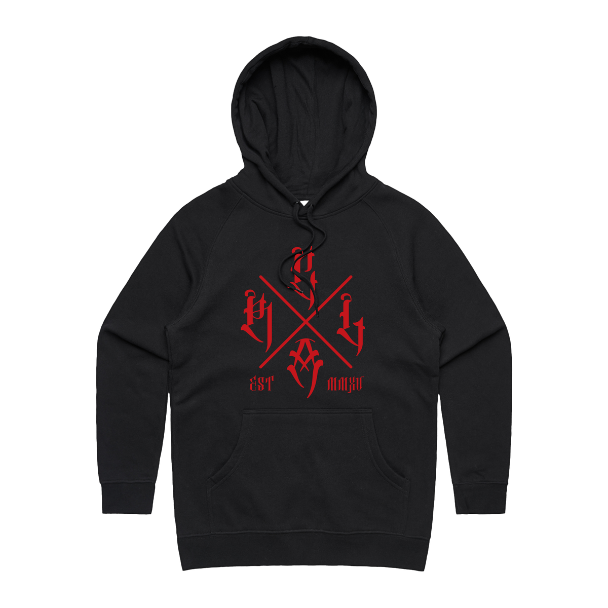 Women's black hoodie by Red Line Combat Academy with a red logo on the front, casual fit, and long sleeves.