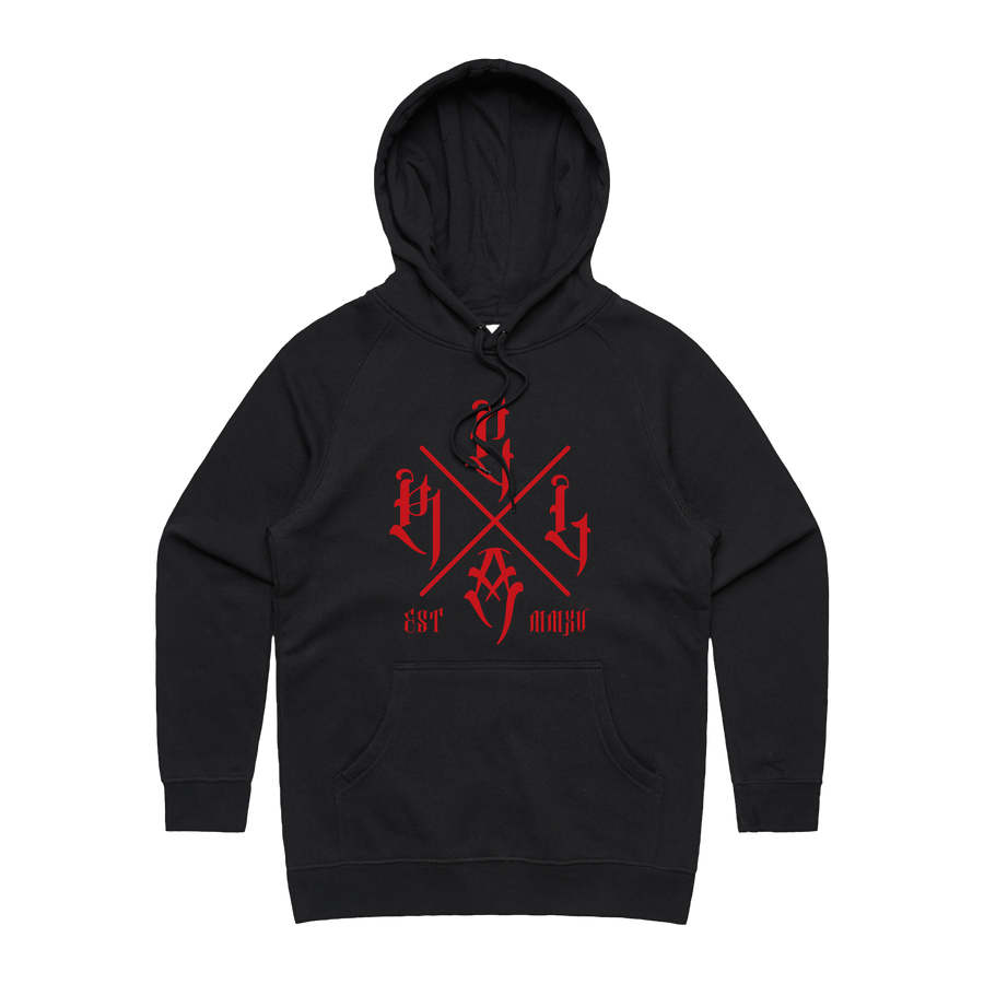 Women's black hoodie by Red Line Combat Academy with a red logo on the front, casual fit, and long sleeves.