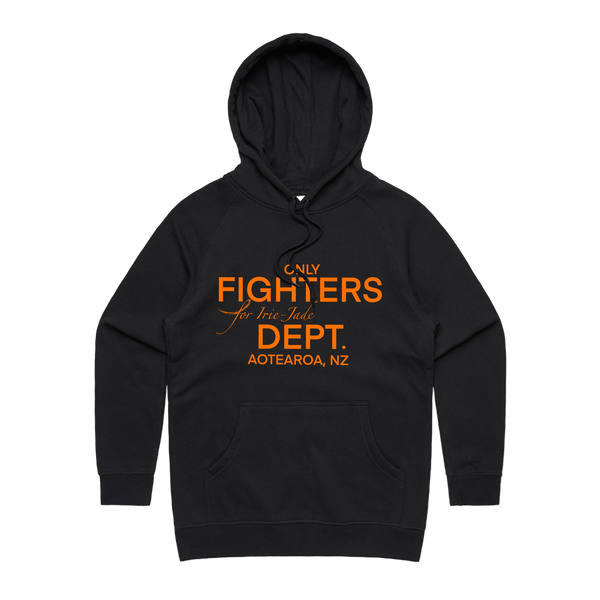 Black women's hoodie by Only Fighters for Irie Jade, featuring a front view with hoodie and logo design.