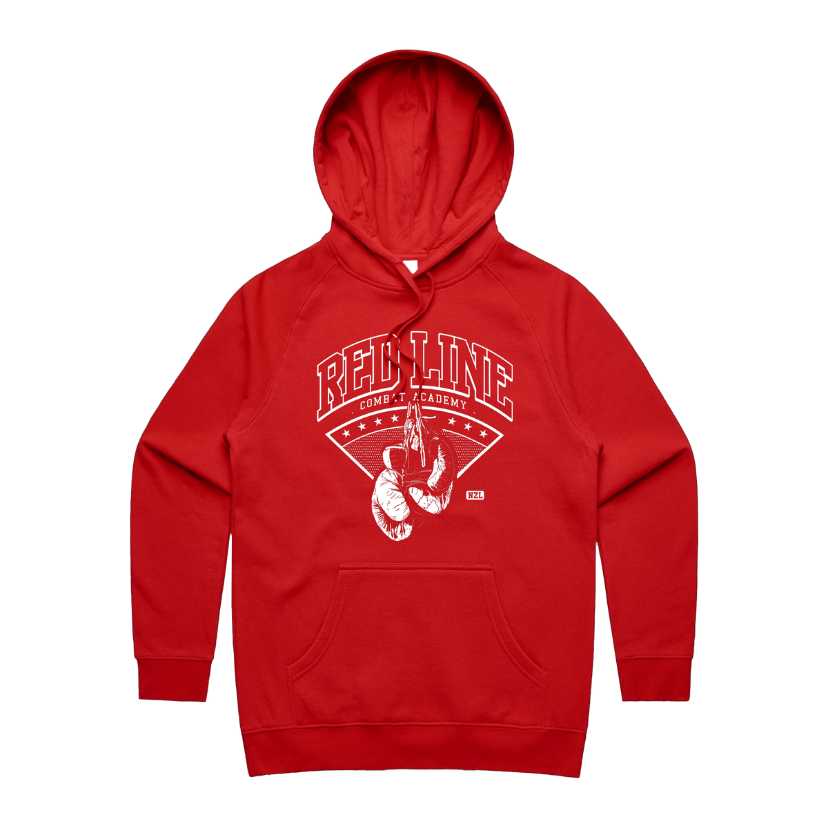 Red Line Combat Academy women's red hoodie with white logo front view, casual fit and comfortable sweatshirt style.