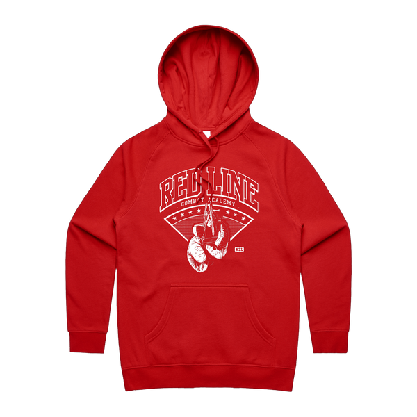 Red Line Combat Academy women's red hoodie with white logo front view, casual fit and comfortable sweatshirt style.