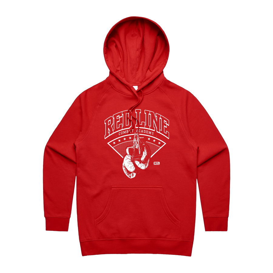 Red Line Combat Academy women's red hoodie with white logo front view, casual fit and comfortable sweatshirt style.