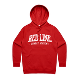 Red Line Combat Academy women's red hoodie with white logo on front, made of soft fabric, casual athletic style.